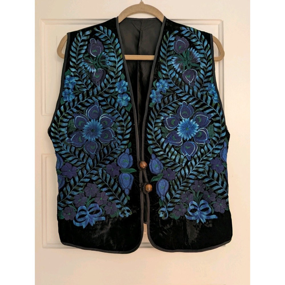 Guatemalan Embroidered Huipil Vest Blue Green Purple Floral Velvet W Buttons